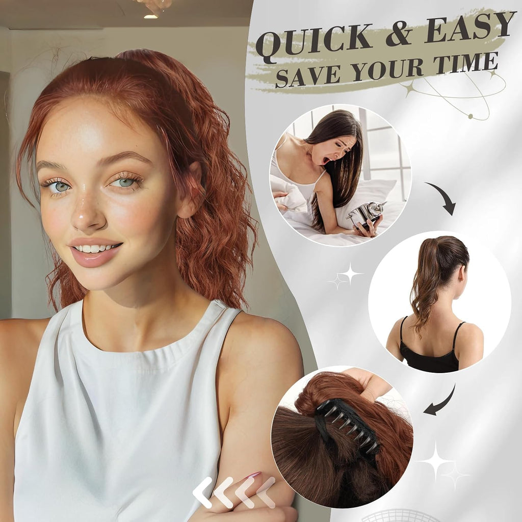 18 Inch Claw Clip Auburn Ponytail Extension – Thick Soft Wavy Curly Hairpieces for Women, Synthetic Claw Clip Hair