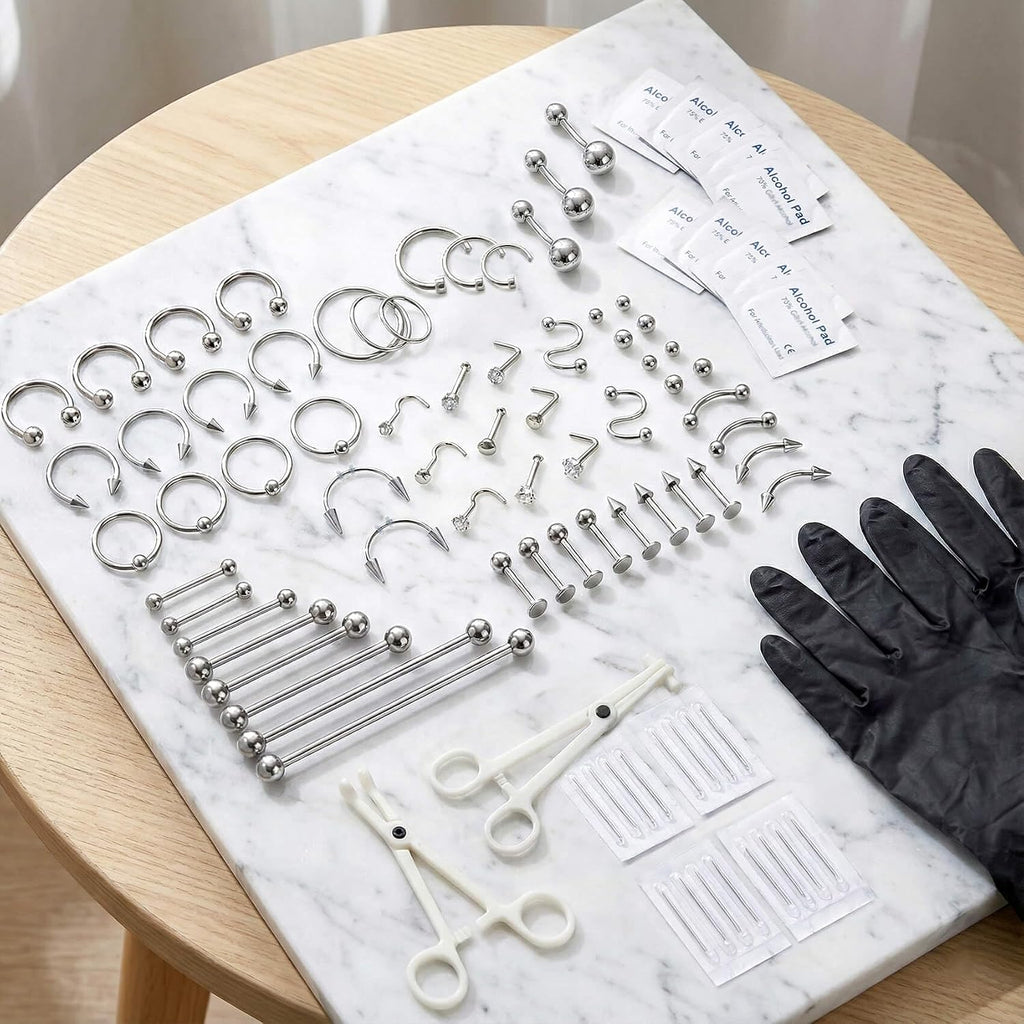 94PCS Mixed-pack Piercing Kits for All Body Piercings Stainless Steel 14G 16G 20G Jewelry and Needle with Tools Nose