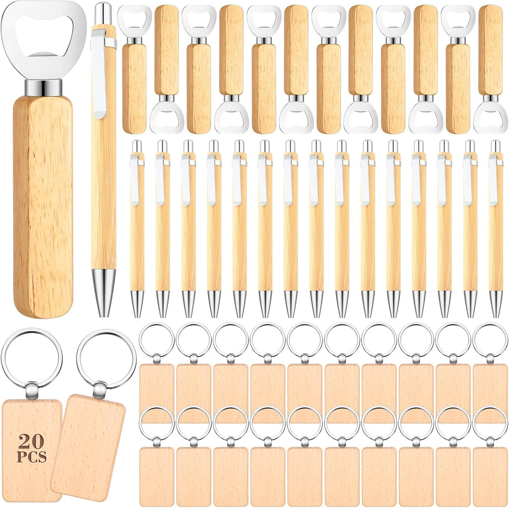 60 Pcs Laser Blanks Product Laser Engraving Material Kit Including DIY Wooden Blank Bottle Opener, Wooden Keychain