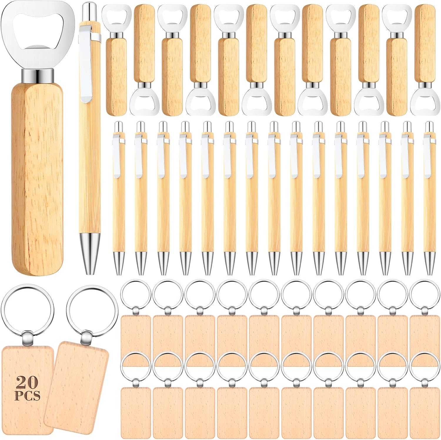 60 Pcs Laser Blanks Product Laser Engraving Material Kit Including DIY Wooden Blank Bottle Opener, Wooden Keychain