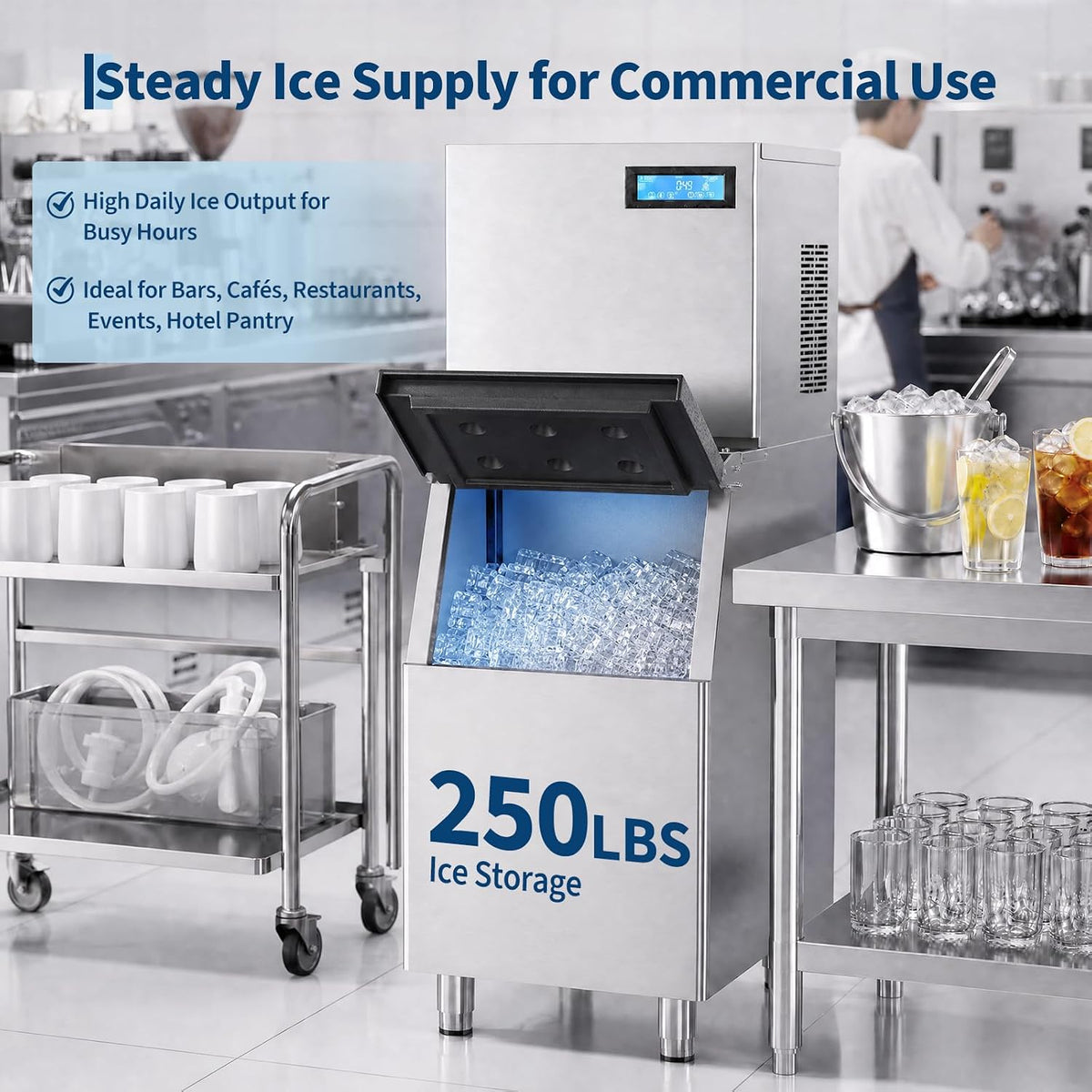 Commercial 400lbs/24H Cube Ice Maker Machine with 250Lbs Storage Bin, Stainless SteelIce Machine with Scheduled