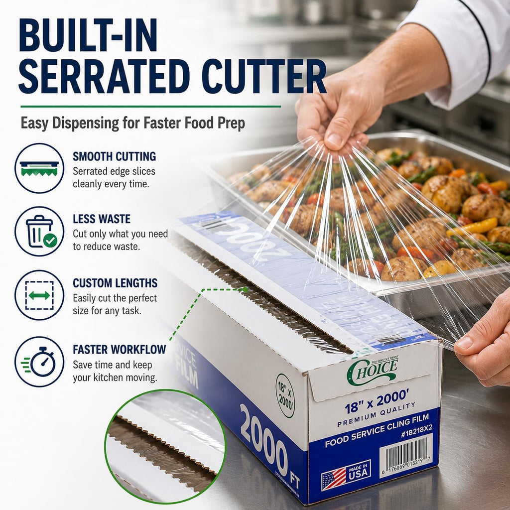 18" x 2000' Heavy Duty Food Service Plastic Wrap with Serrated Cutter