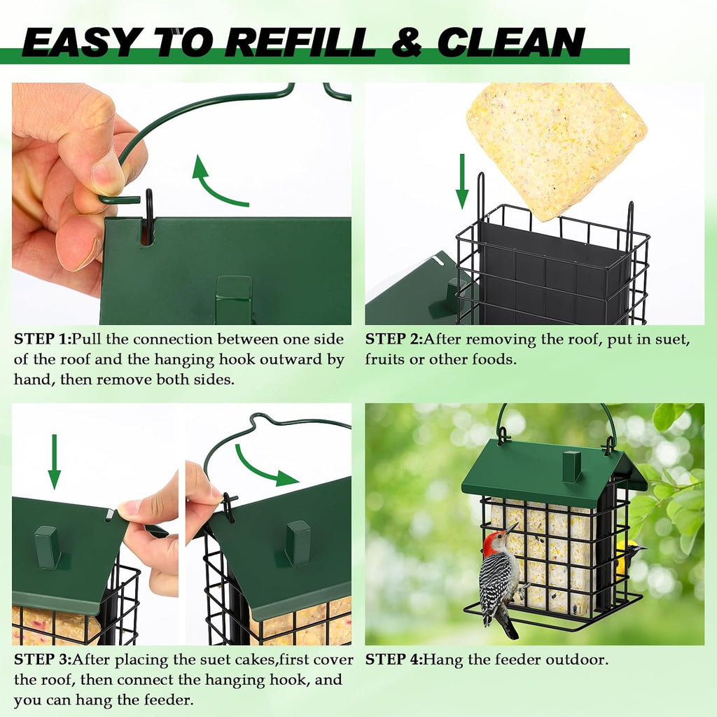 All-Metal Double Suet Bird Feeder for Outdoors Hanging, Green Roof