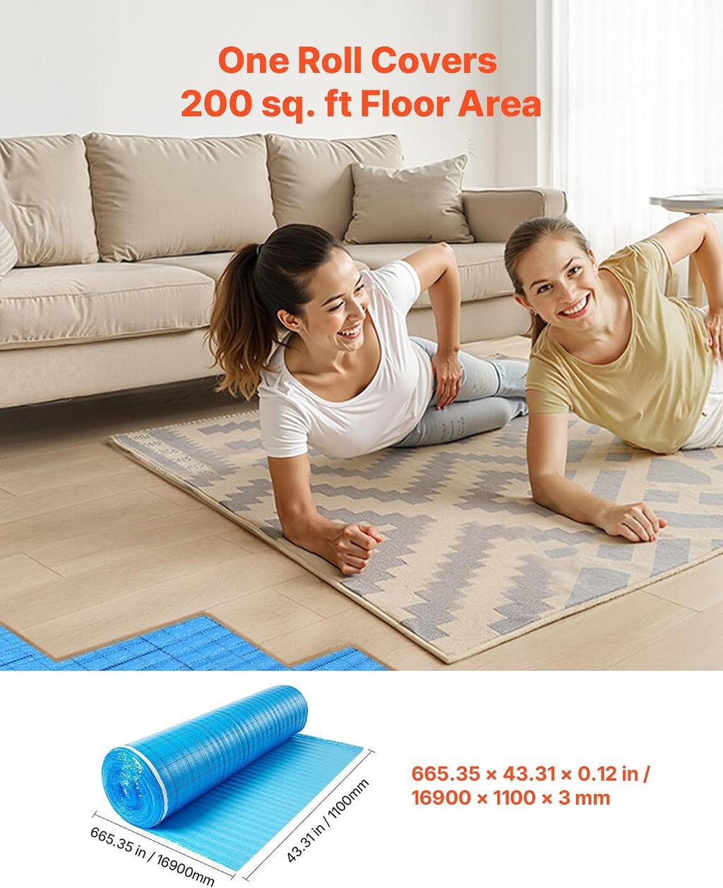 Floor Underlayment 200 sq. ft/Roll, 3-in-1 3 mm Thick Flooring Padding with Tape & Vapor Barrier, Heavy Duty EPE Foam