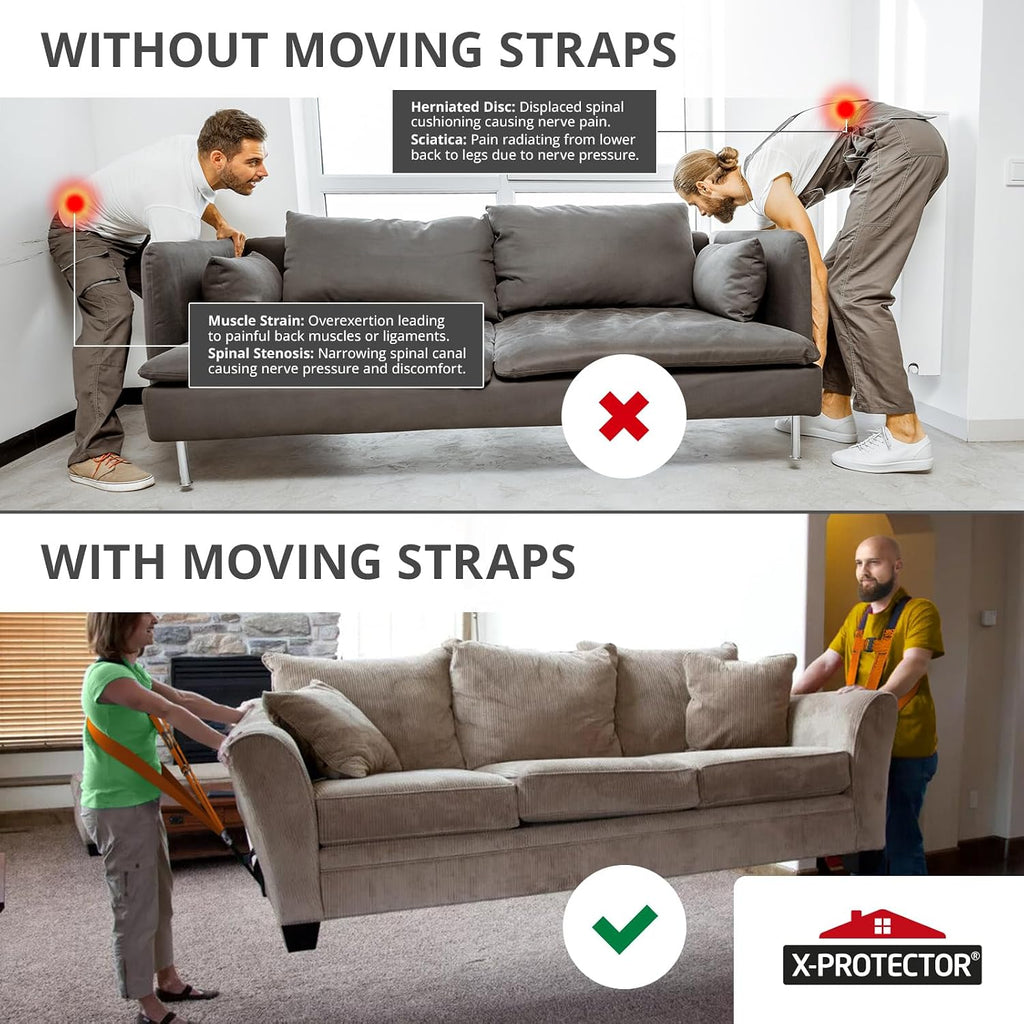 Moving Straps - 2 Pairs - Orange Lifting Straps for 2 Movers | Move Furniture Easily and Safely - Perfect for Lifting