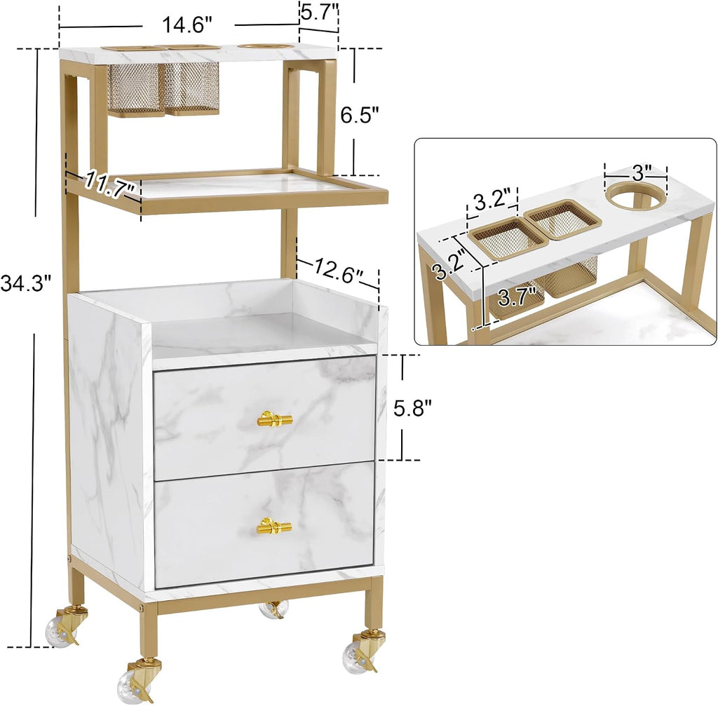 Salon Cart with Drawers, Barber Trolley 2084 (White Medium) | Rolling Salon Cart with Storage Drawers&Metal Tool