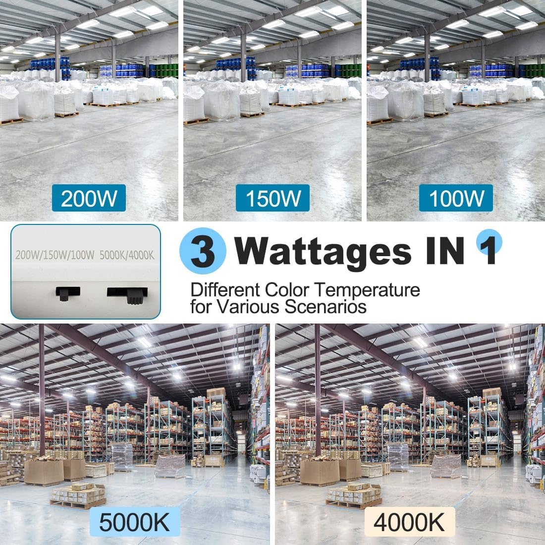 High Bay LED Shop Lights 200W/150W/100W Adjustable 28000LM 4 Pack