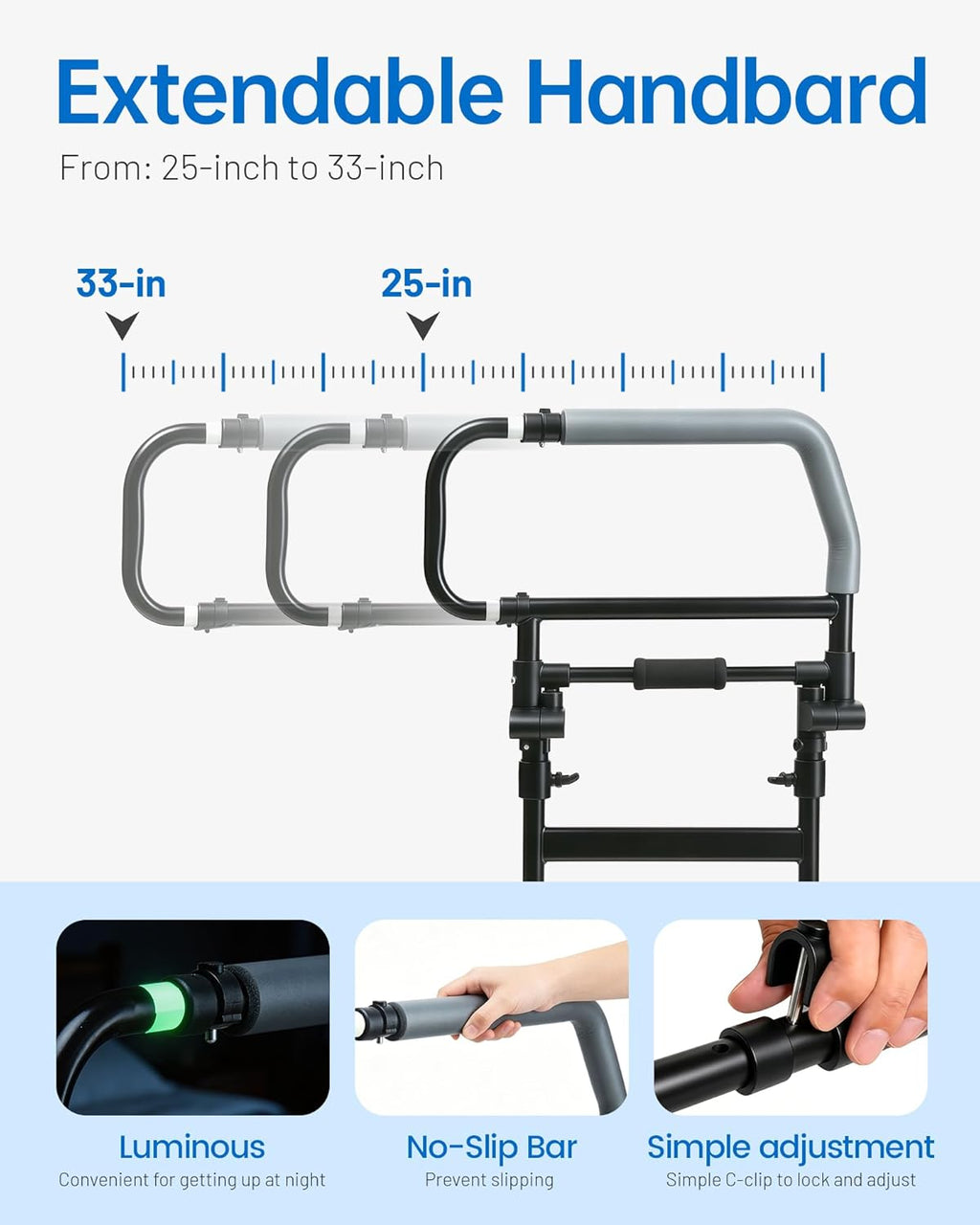 Safety Bed Rail for Elderly Adults - Foldable Bed Assist Rail with Adjustable Height & Storage Pocket, Bedside