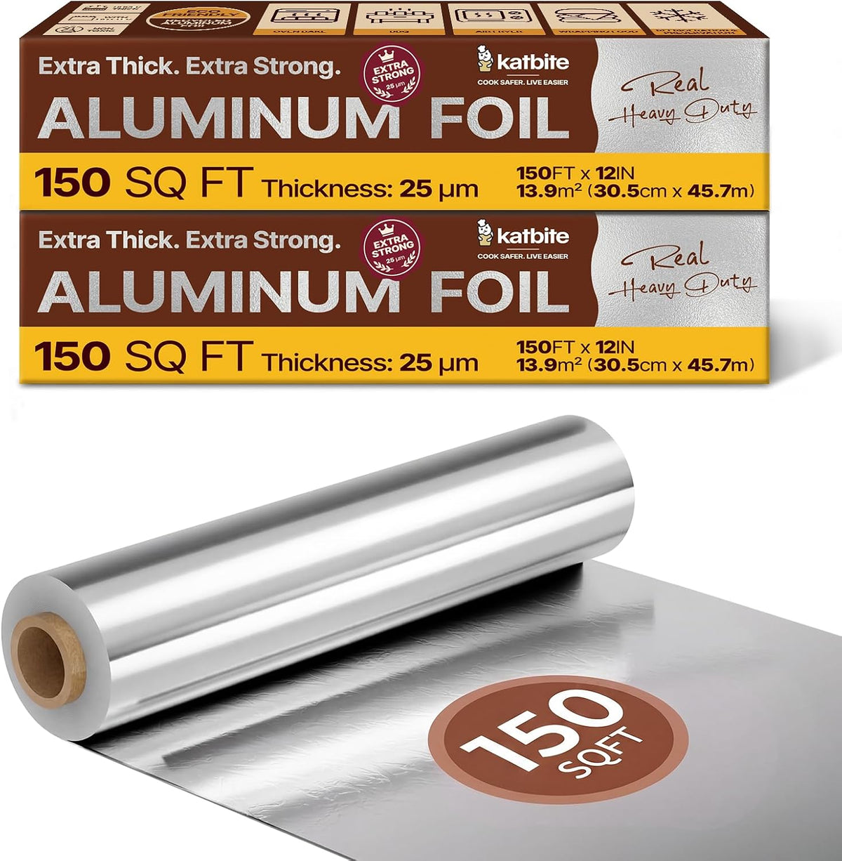 Heavy Duty Aluminum Foil, 25 Micron, 12 in x 150 ft, 150sqft, 2Pack