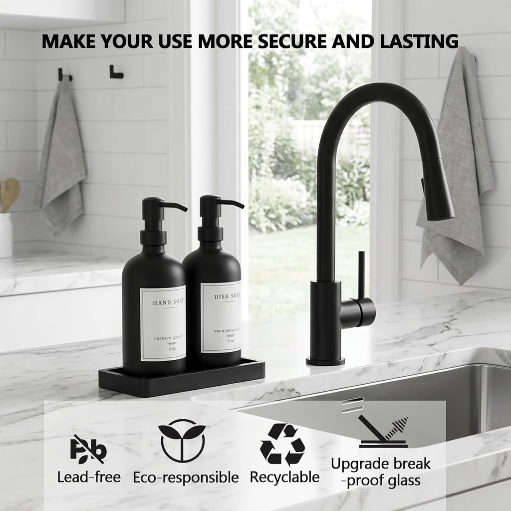 Black Thick Glass Soap Dispenser - Farmhouse Kitchen Dish &Hand Soap Dispenser Set, 304 Rustproof Pump Lotion