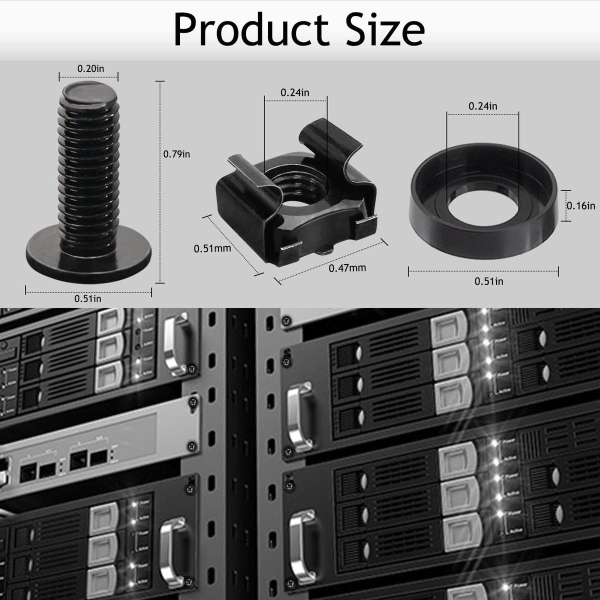 50-Pack M6 x 16mm Computer Rack Mount Cage Screws, Nuts & Washers for Server Cabinet - Black
