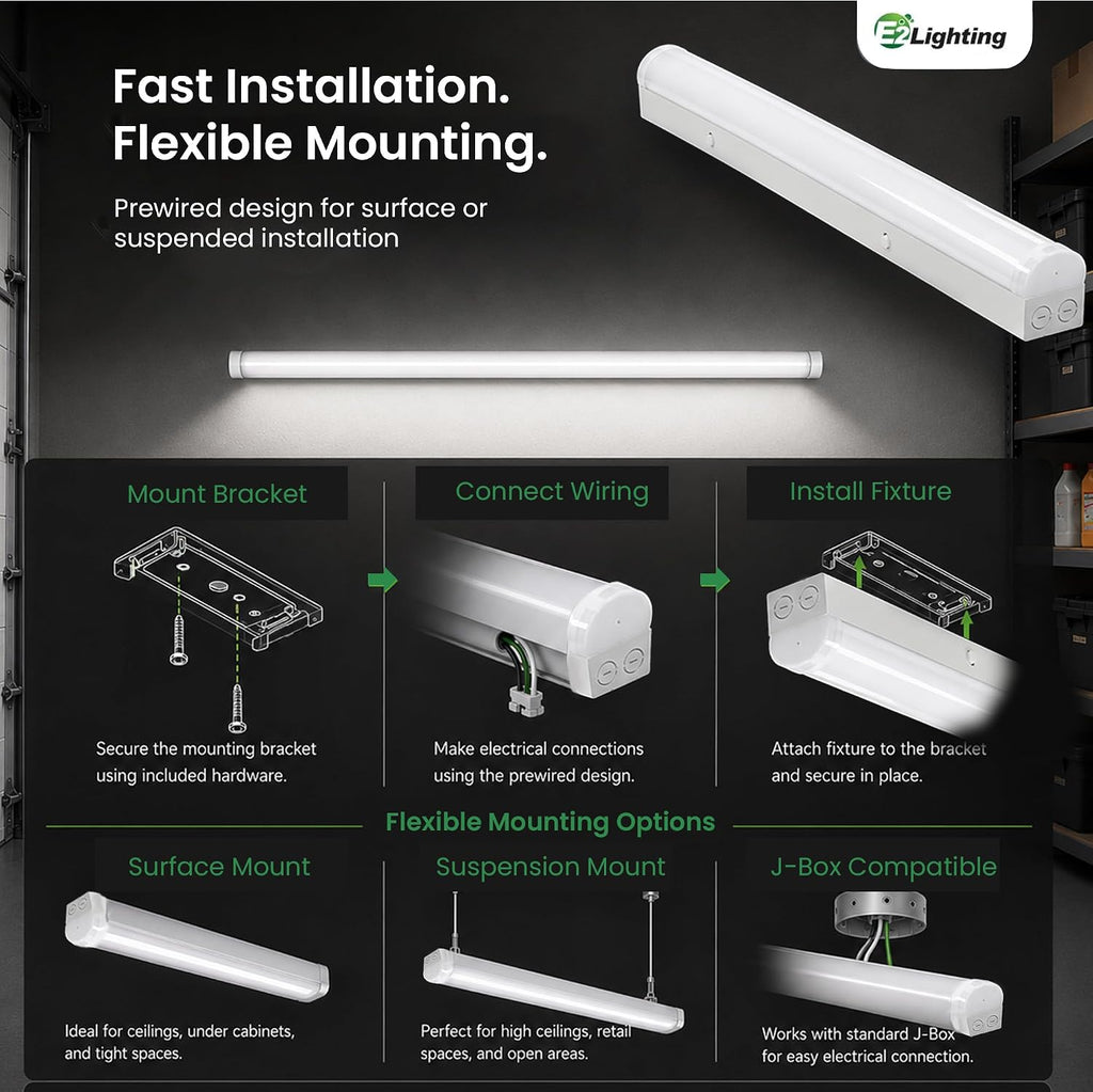 E2 LIGHTING 4ft LED Linear Shop Light, Emergency Battery Backup
