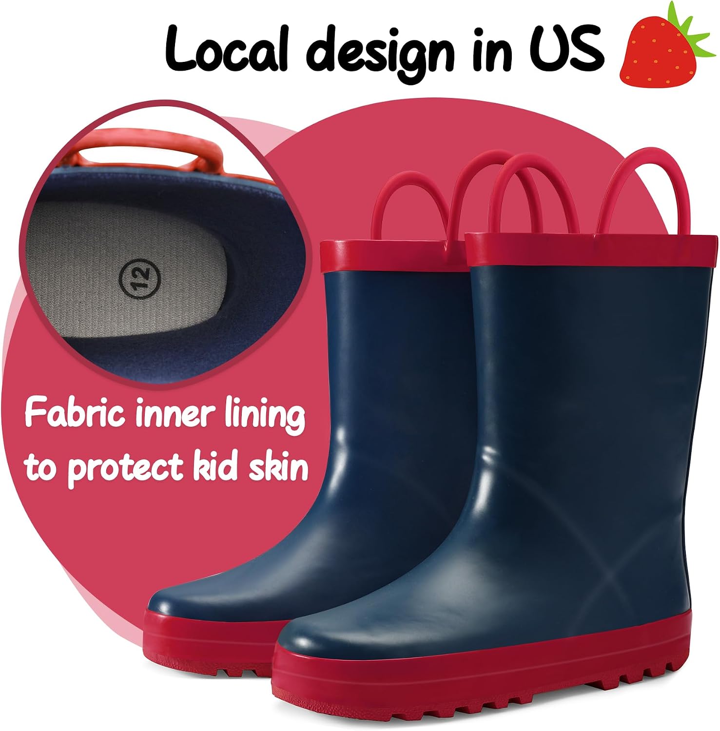 Kids Rain Boots Waterproof Printed Rubber boots with Handles | Slip on, Double Handles,Slip Resistant
