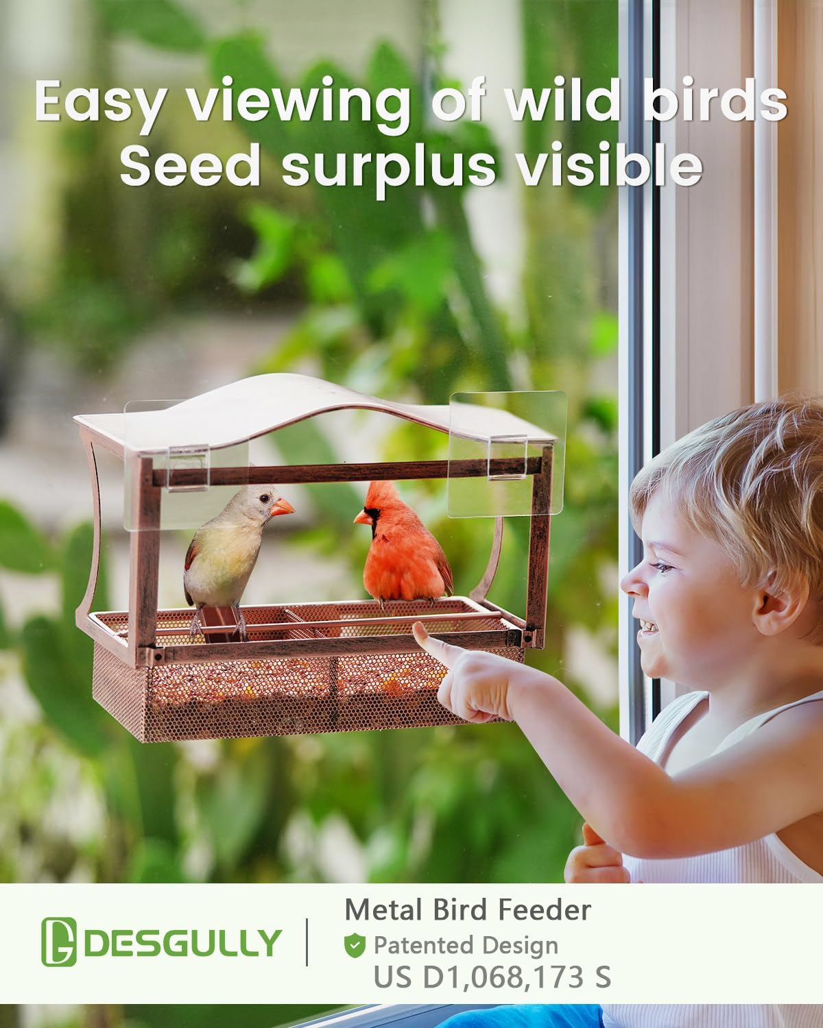Window Bird Feeder with Strong Suction Cups, Metal Outdoor Gift - Curved