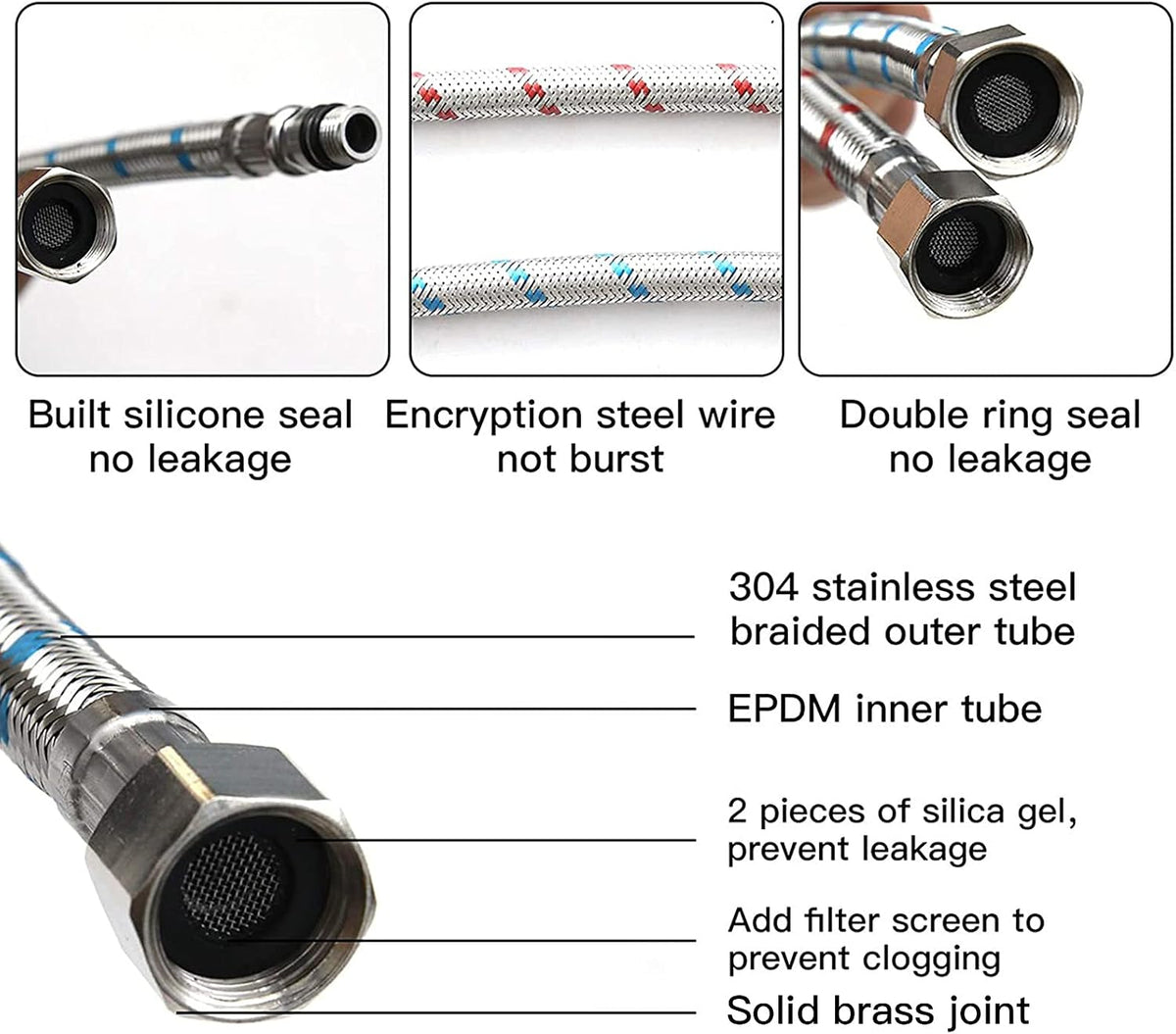 40-Inch Faucet Supply Lines 2Pcs, 3/8" Female x M10 Male | Stainless Steel, Long Faucet Connector, Kitchen Sink