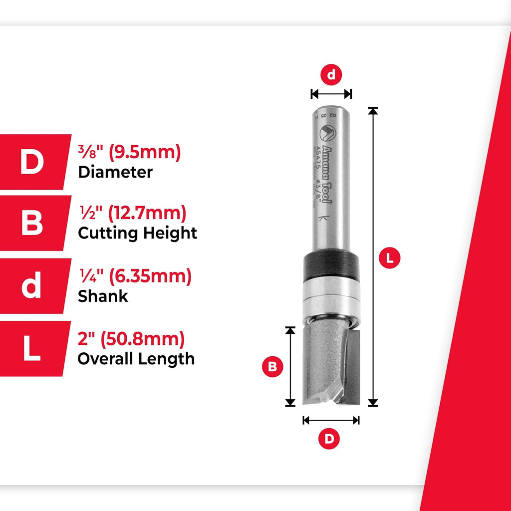 45475 Carbide Tipped Flush Trim Plunge Template Router Bit 3/8 Dia x 1/2 x 1/4 Inch Shank with 2 Upper Ball Bearings