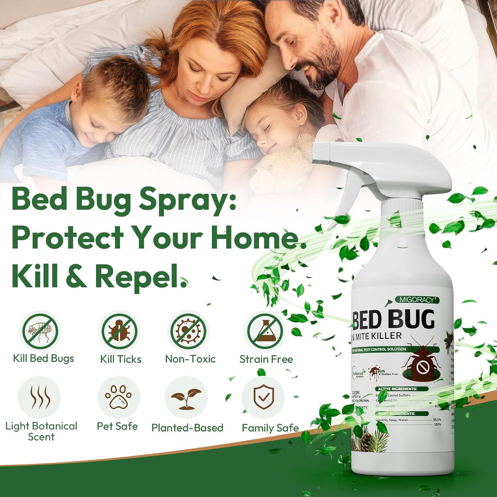 Natural Bed Bug Spray 16oz, Non-Toxic Sprayer, Plant-Based Bedbug & Dust Mite Repellent, Safe for Family & Pets