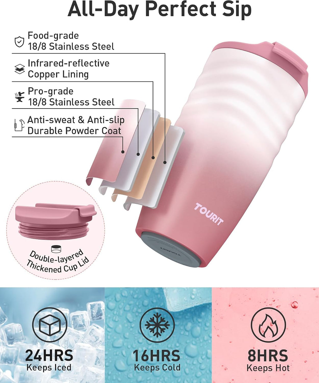 16 oz Travel Coffee Mug, Vacuum Insulated Stainless Steel Tumbler with Ripple-Wave Anti-Slip Grip, Built-in Silicone