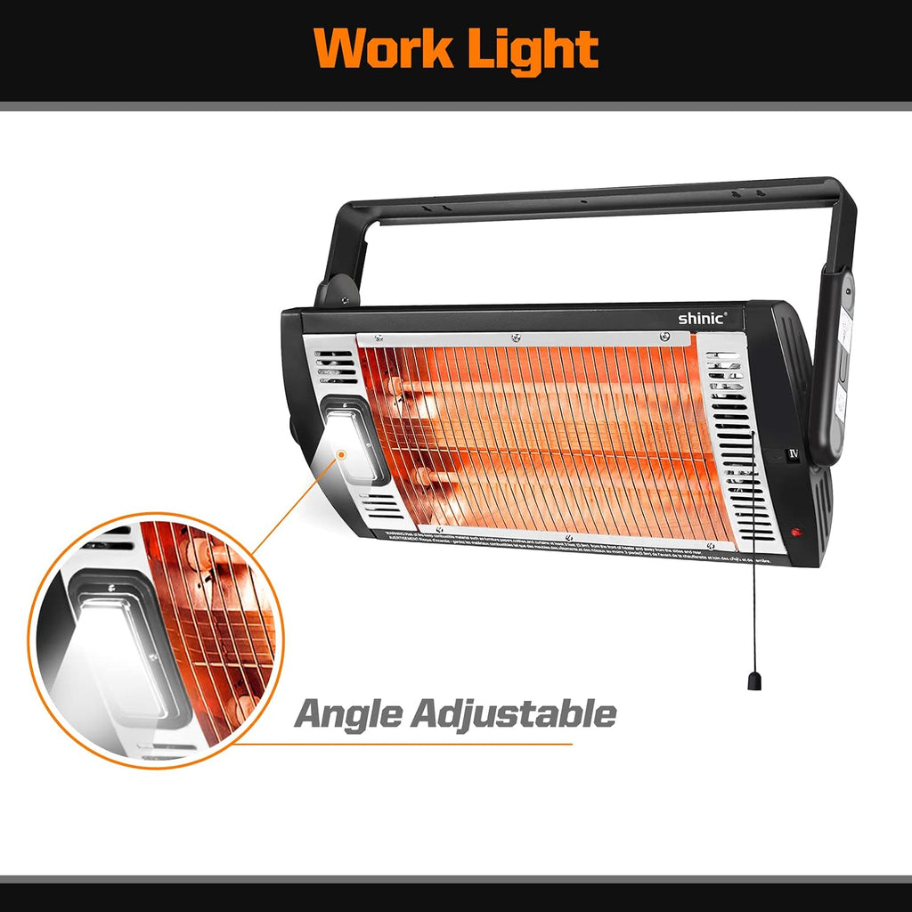 2 Packs Electric Garage Heaters, 1500W/750W Ceiling Mounted Heater Radiant Heaters with Halogen Light, 90 Degree