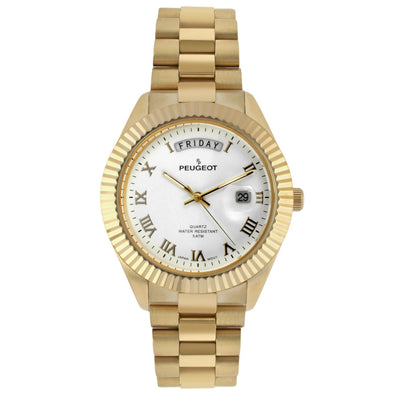 Men's Big Face Day Date Roman Numeral Fluted Bezel Steel Watch