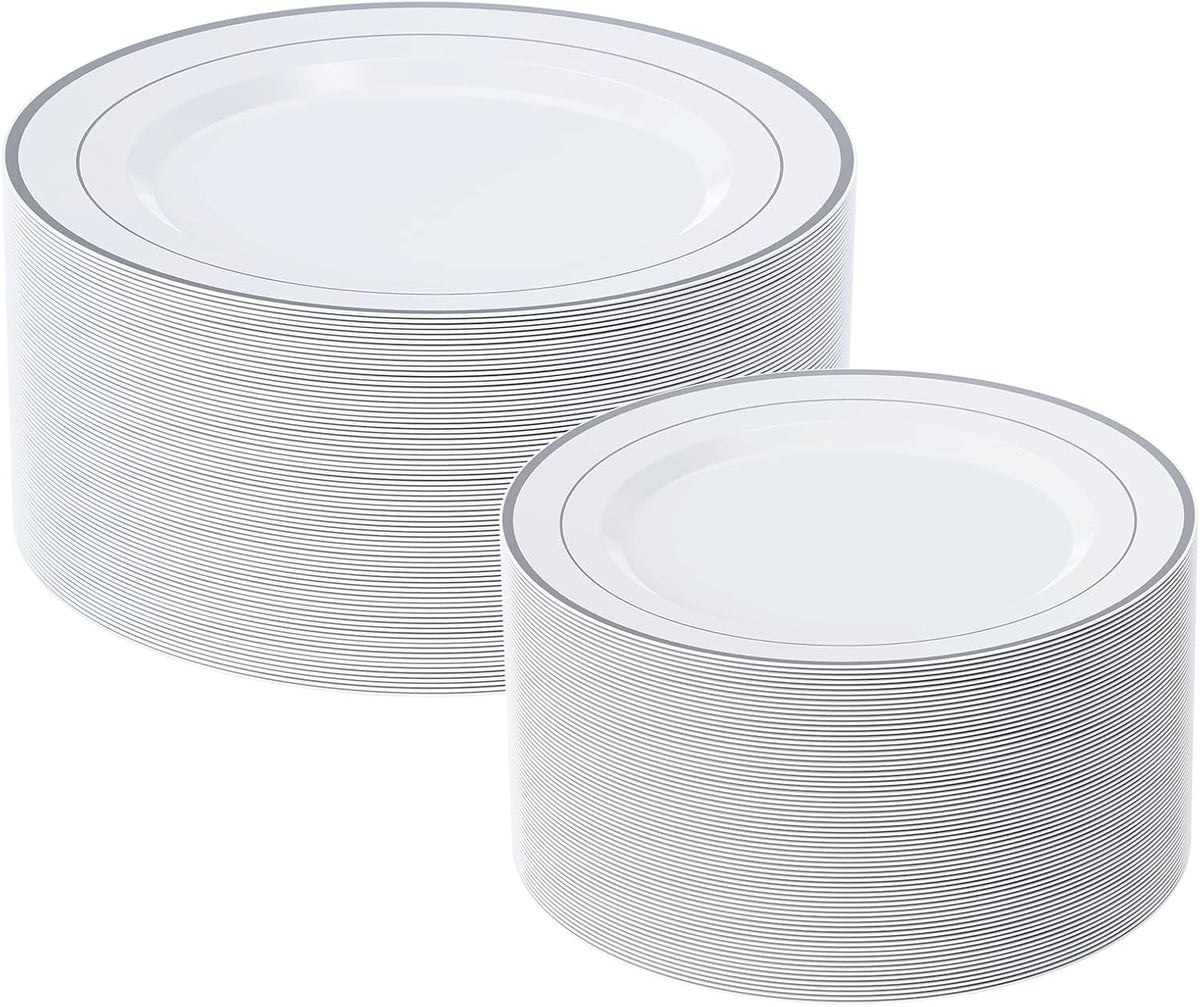 Silver Plastic Plates Set of 60,Disposable Plates with Silver Rim
