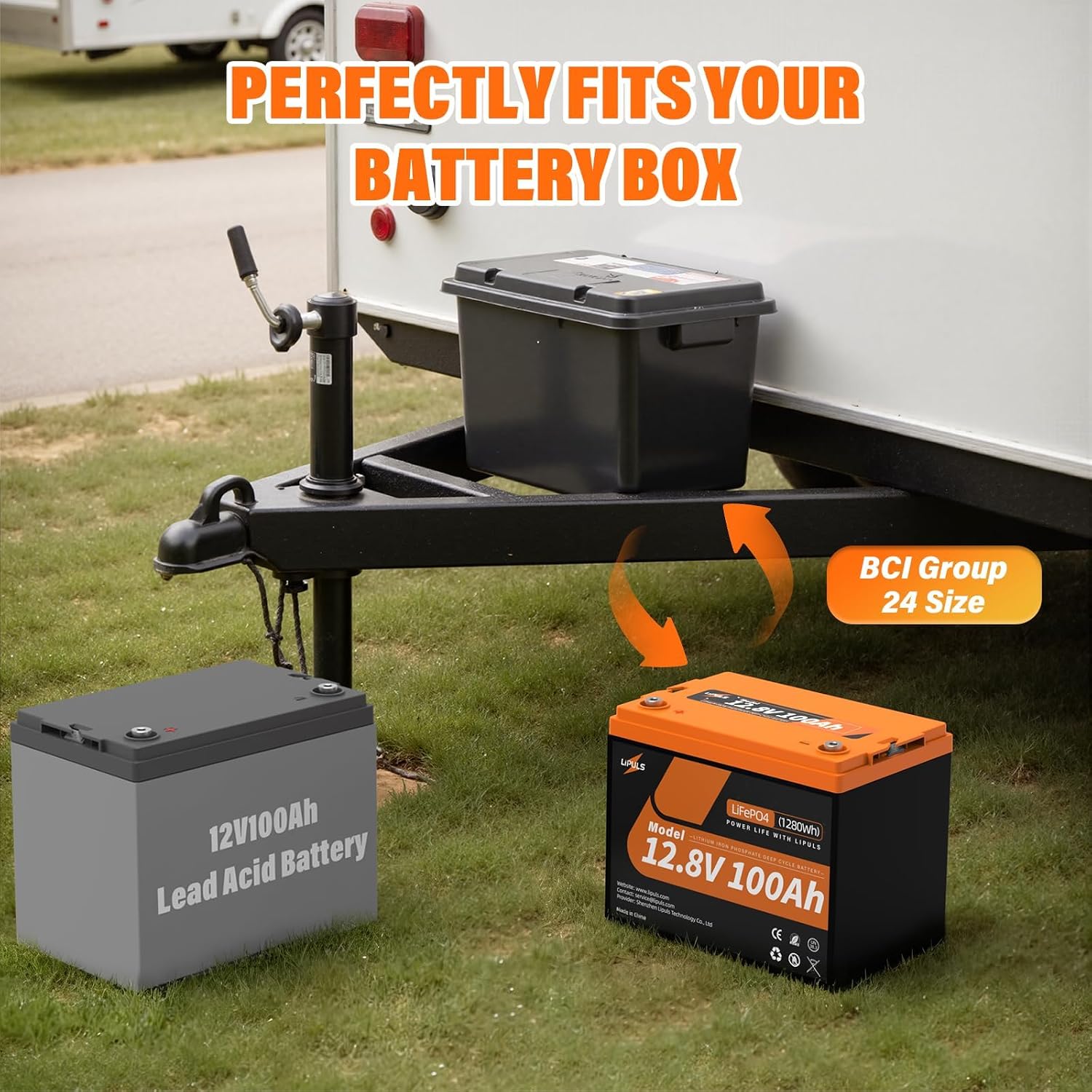 12.8V 100Ah LiFePO4 Lithium Battery, Group 24 Lithium Battery Built-in 100A BMS and Grade A Cells, 15000 Cycles