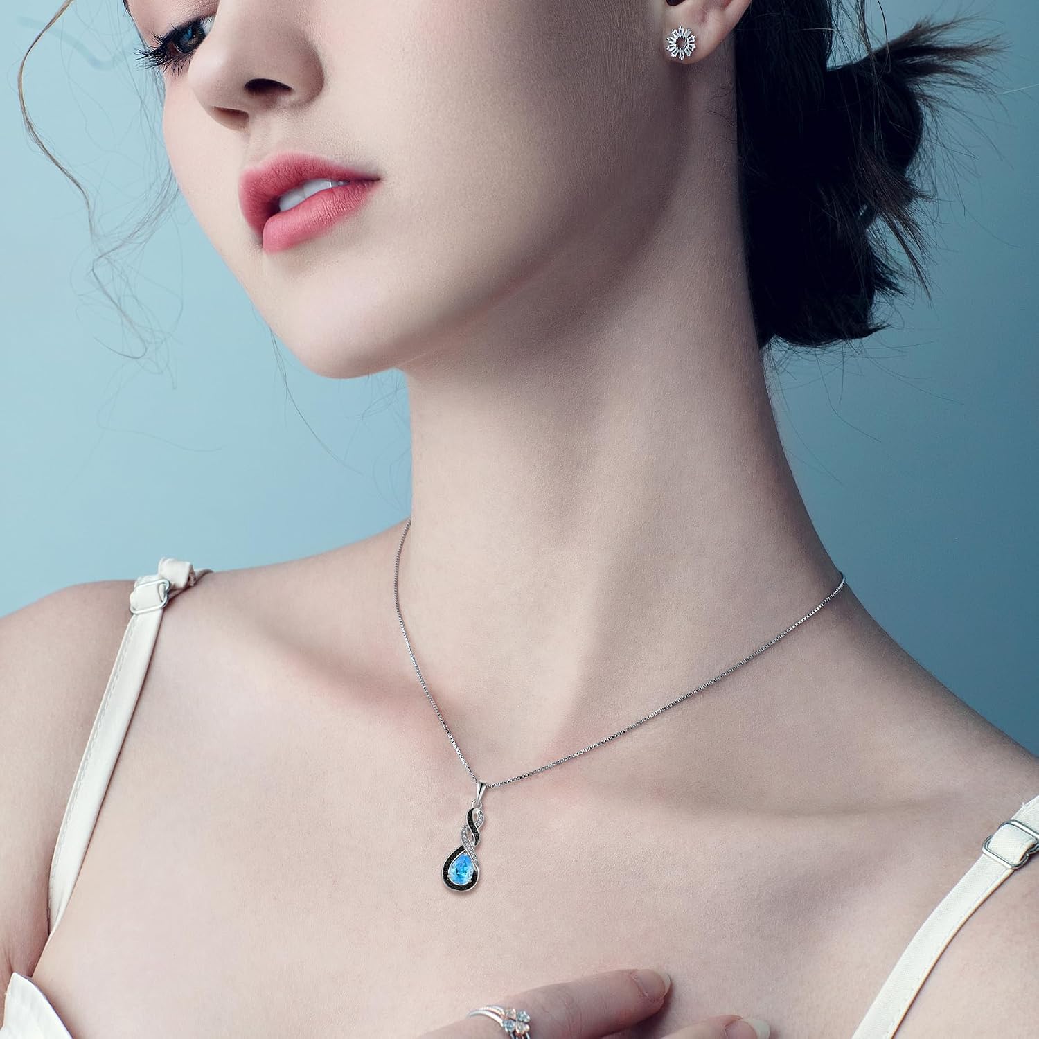 Two Tone Black& White Infinity Pendant Necklace Earrings Women Jewelry Set with Created Aquamarine