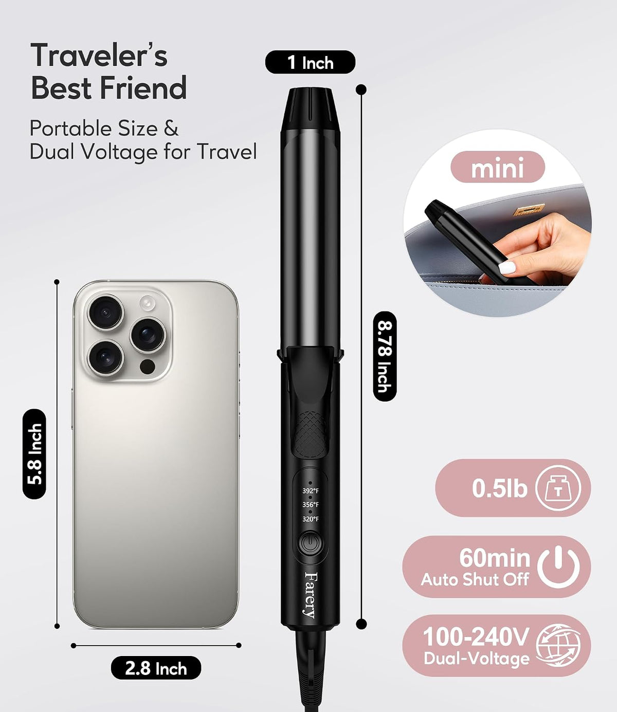 Mini Curling Iron 1 Inch for Travel, with 3 Adjustable Temp, Black | 100-240V Dual Voltage, Auto-Off, Fast Heat