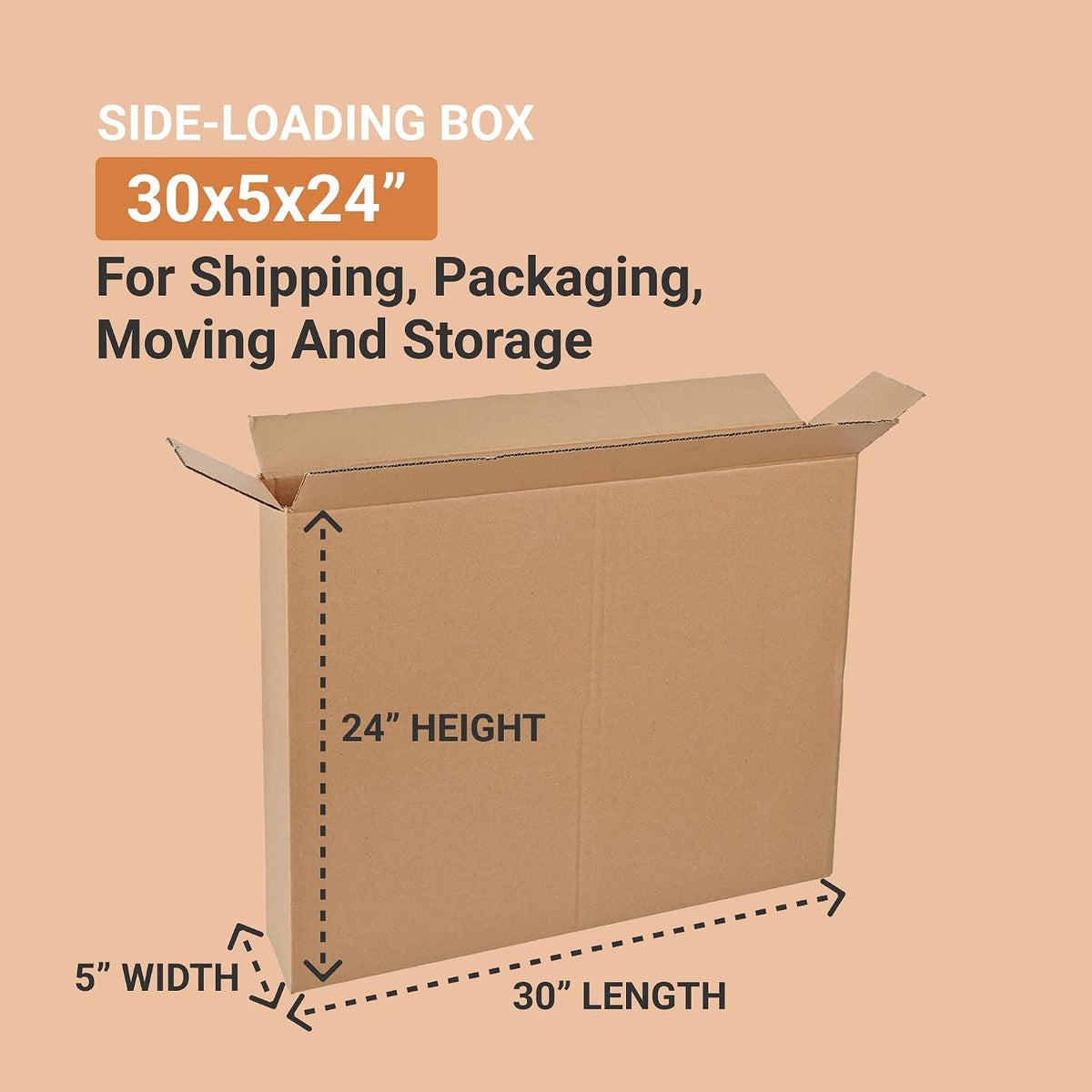 Side Loading Shipping Boxes Large 30"L x 5"W x 24"H 10-Pack - Corrugated Cardboard Box for Moving, Mailing, Packing