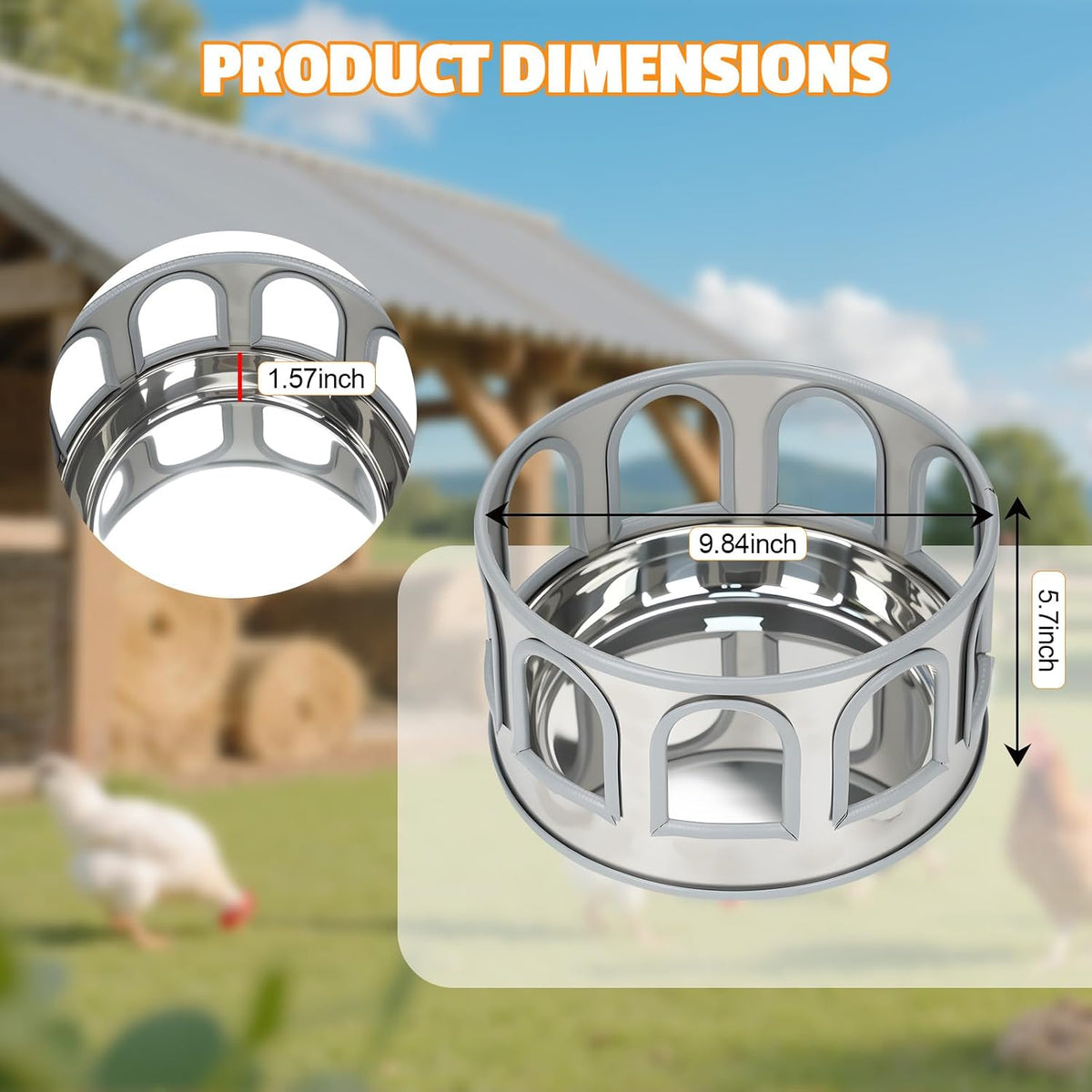 5 Gallon Chicken Waterer Base for Farm, Stainless Steel Poultry Automatic Drinker Waterer Base with 9 Guarded