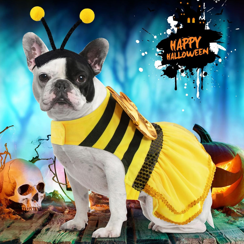 Bee Dog Halloween Costumes, Bumblebee Dog Costume for Small Medium Dogs Cats, Puppy Clothes Outfit Dress with Cap for