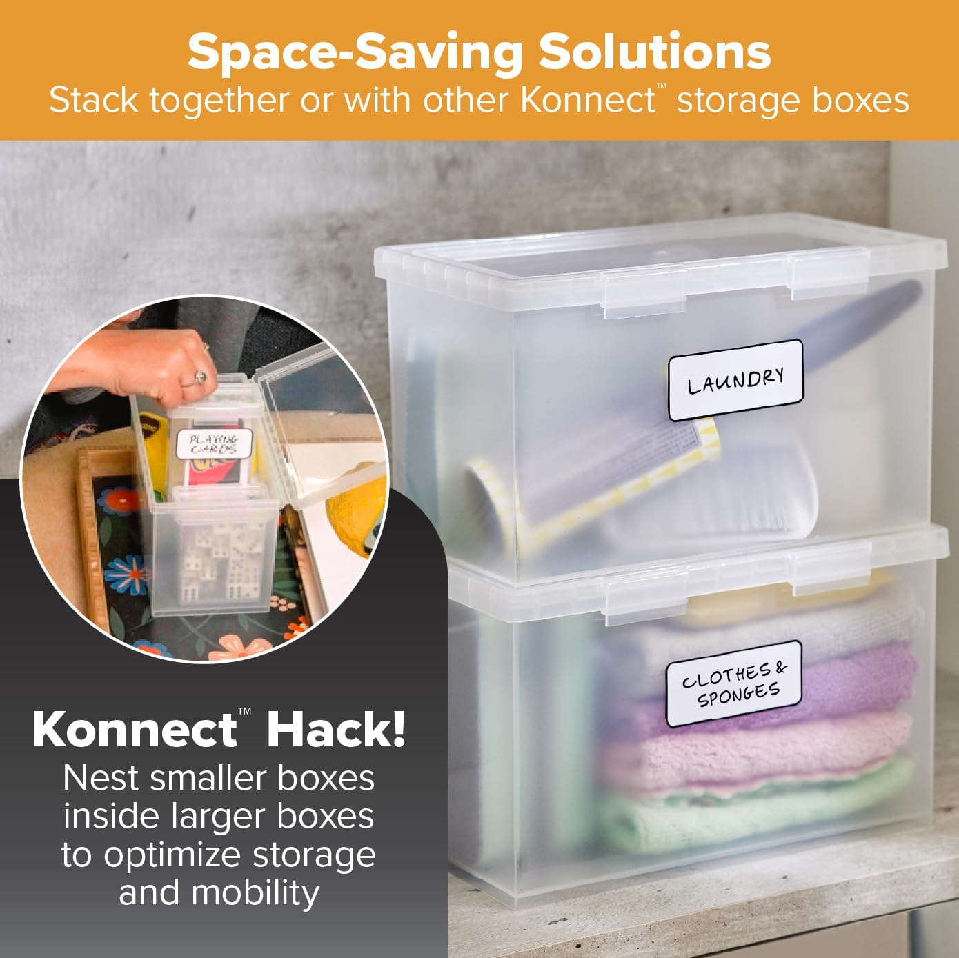 Konnect Storage Containers with Lids, Office Organizer, Clear Plastic Box, Desk and Home Organizer, Labels, 4 Qt, 2 Pack