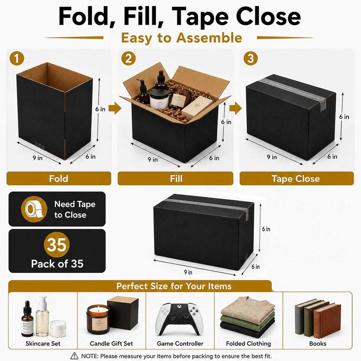 9x6x6 Black Shipping Boxes, Pack of 35
