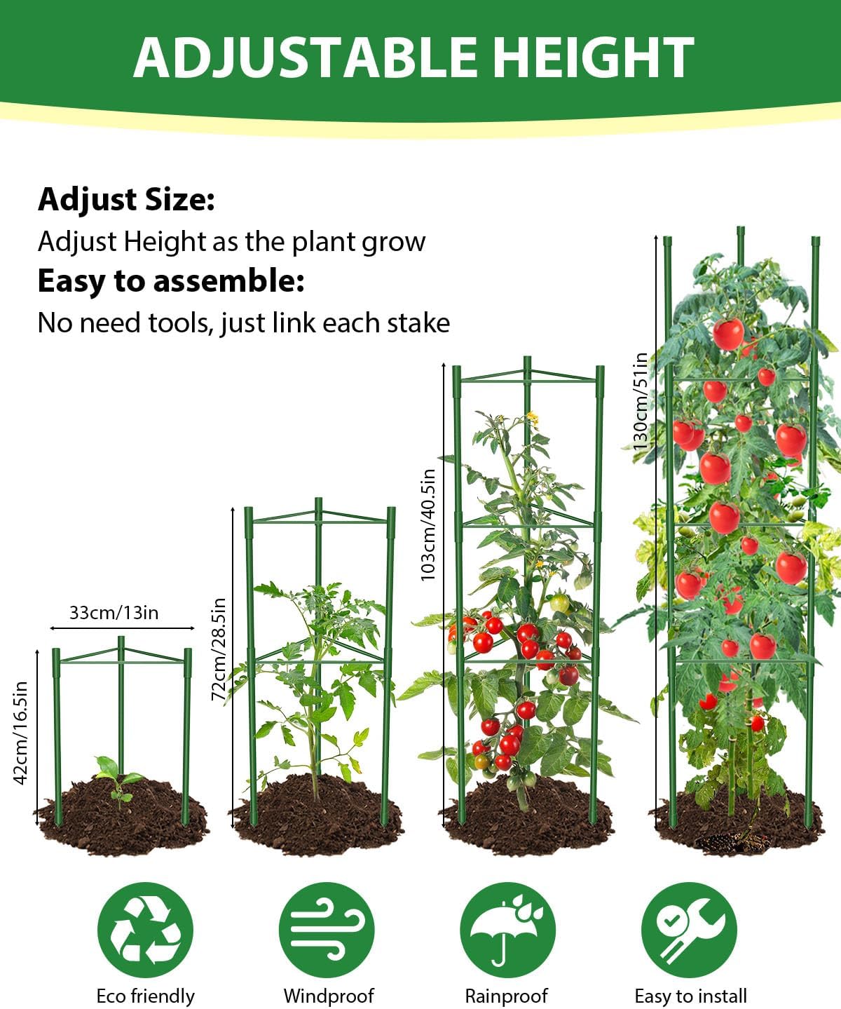 3 Pack Tomato Cages for Garden, 51in*13in Adjustable Tomatoes Plant Stakes Support Cages Trellis, Garden Trellis for