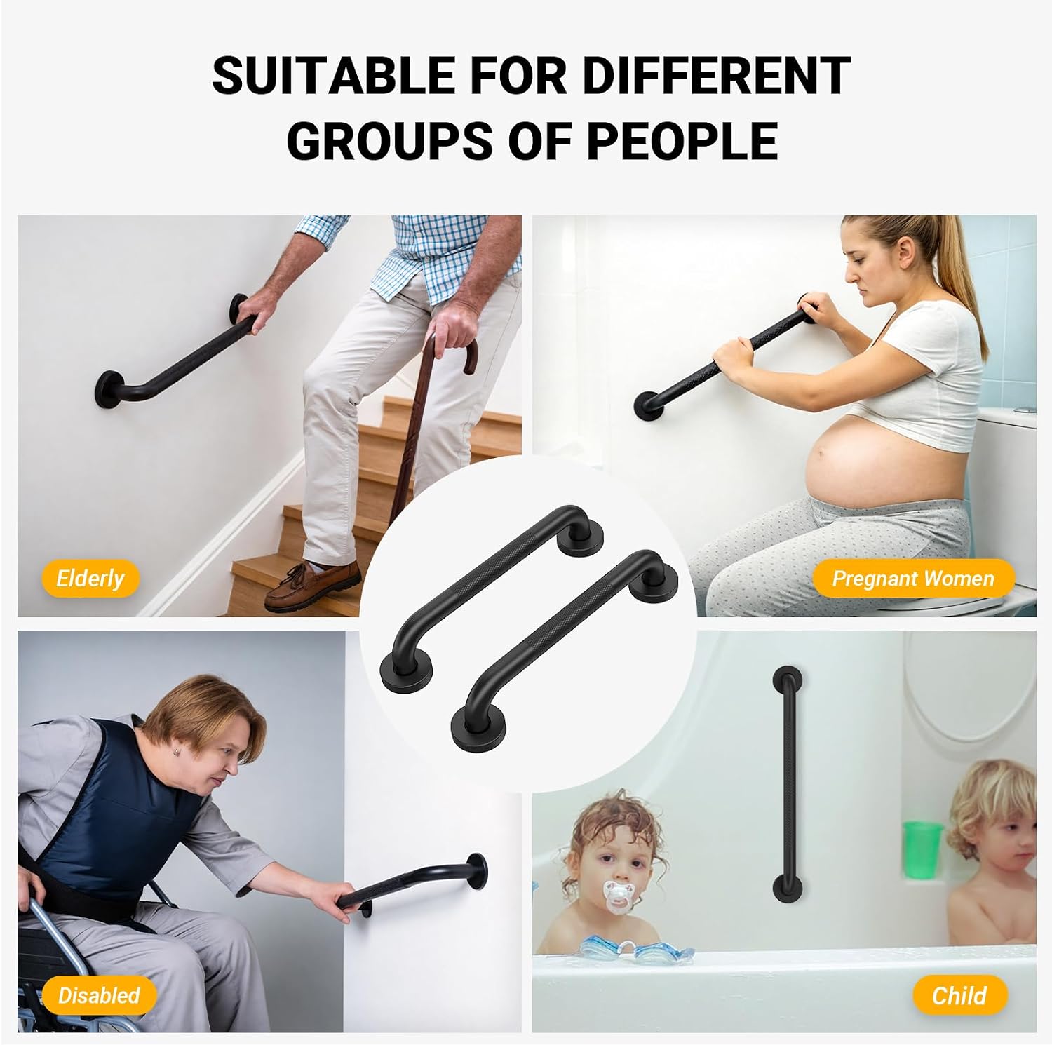 Anti Slip Grab Bars for Shower Black, Safety Textured Grip Shower Grab Bars for Seniors, Holds up to 500LBs, Knurled