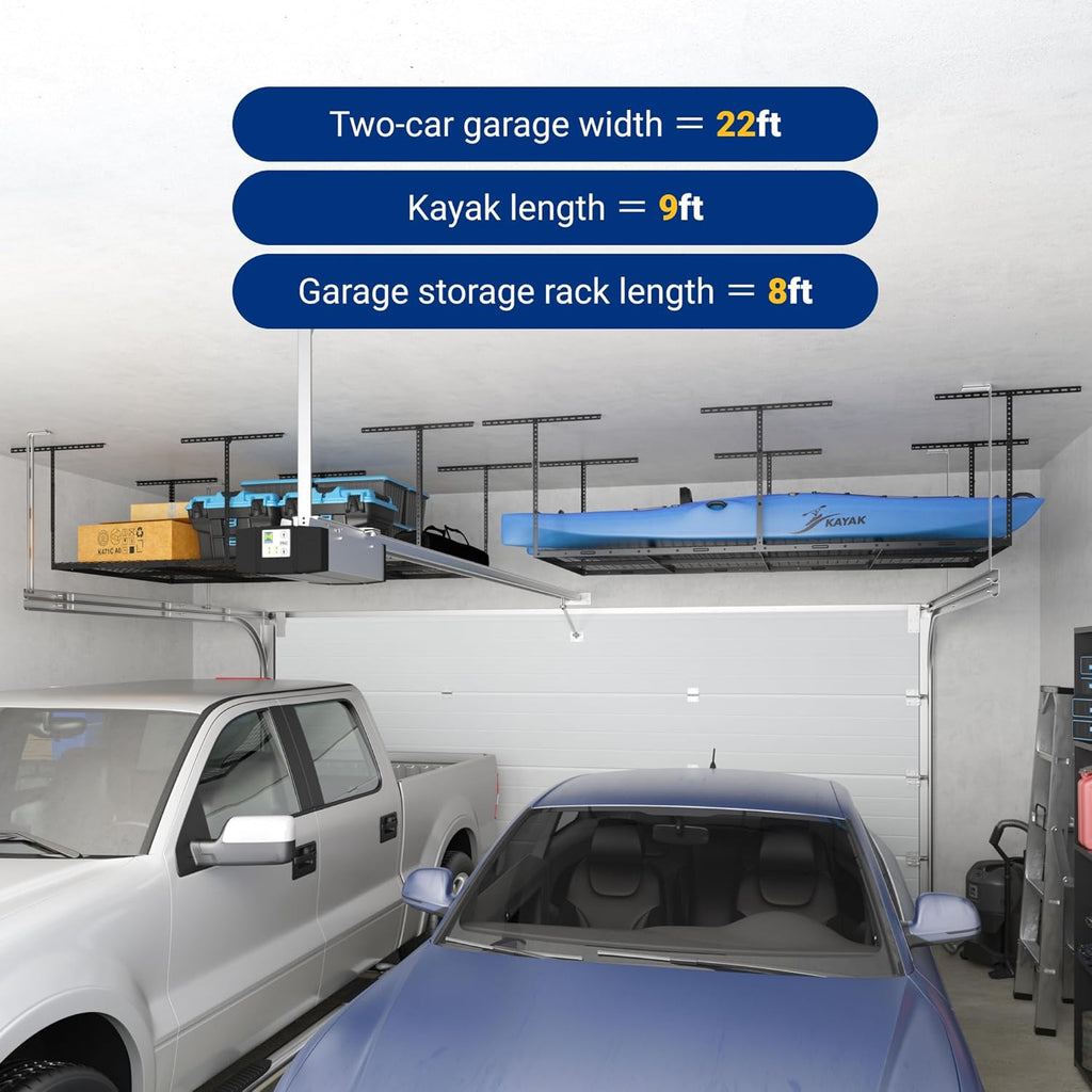 4x8 Overhead Garage Storage Rack, Adjustable Organization System, Heavy-Duty Metal Ceiling Racks, 750lbs Weight