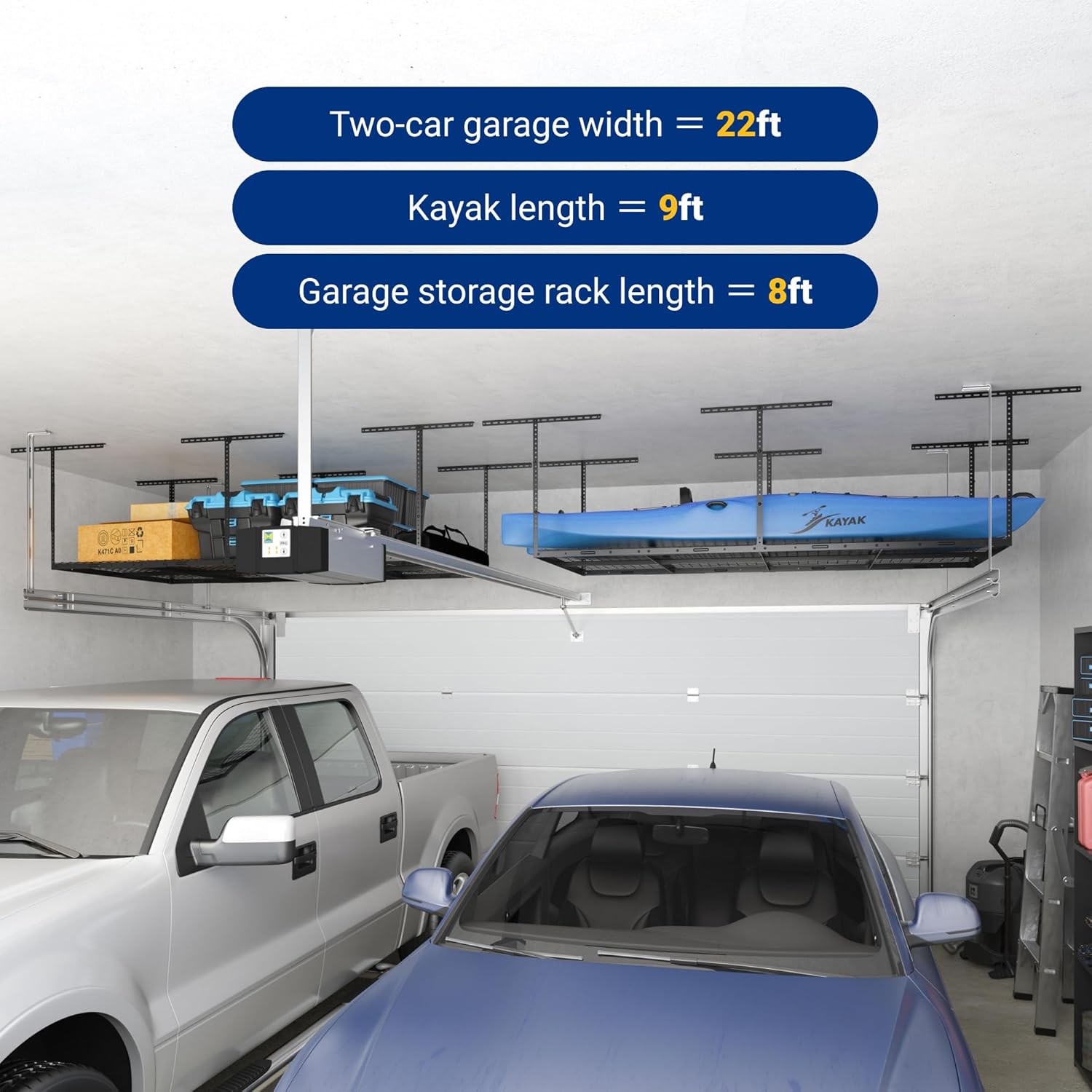 4x8 Overhead Garage Storage Rack, Adjustable Organization System, Heavy-Duty Metal Ceiling Racks, 750lbs Weight
