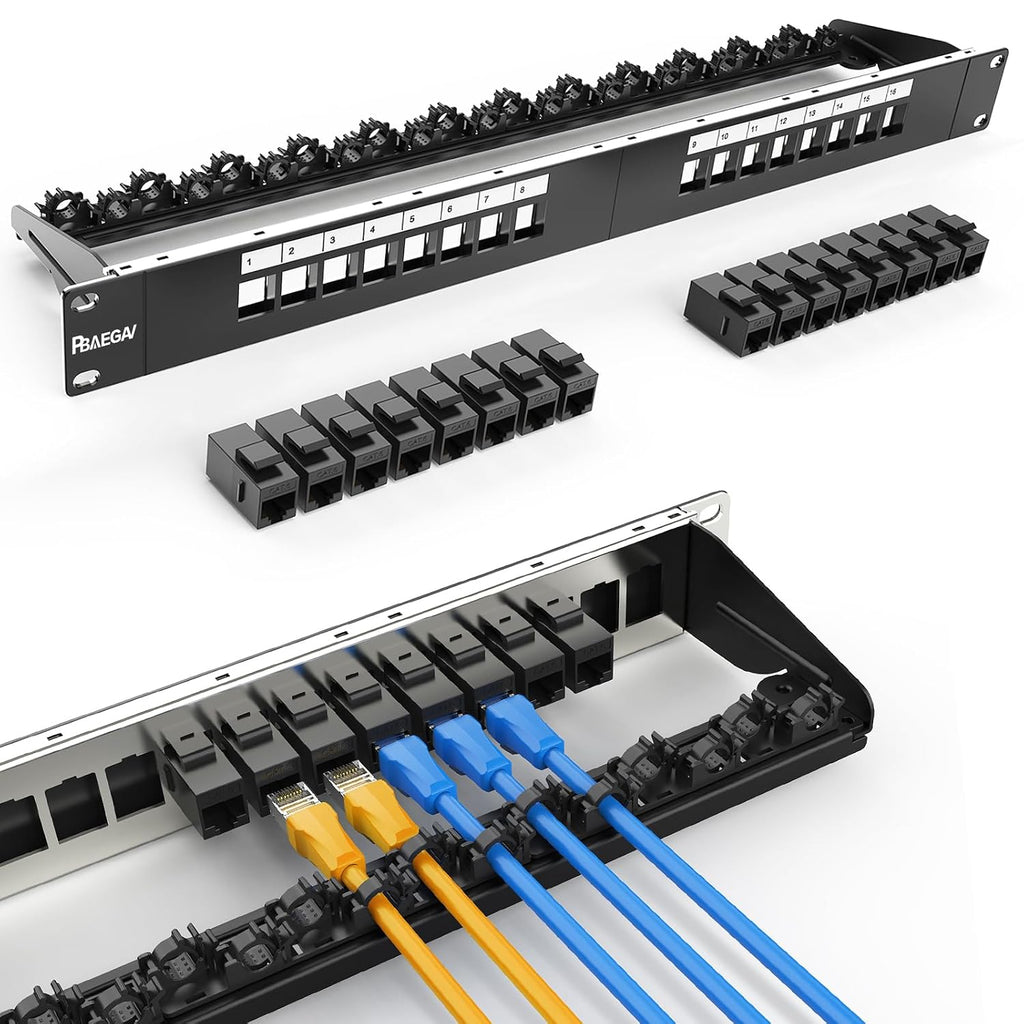 Patch Panel 16 Port with 16pcs Cat6 Keystone Jack UTP Fold Keystone Patch Panel 19Inch with Cable Management and