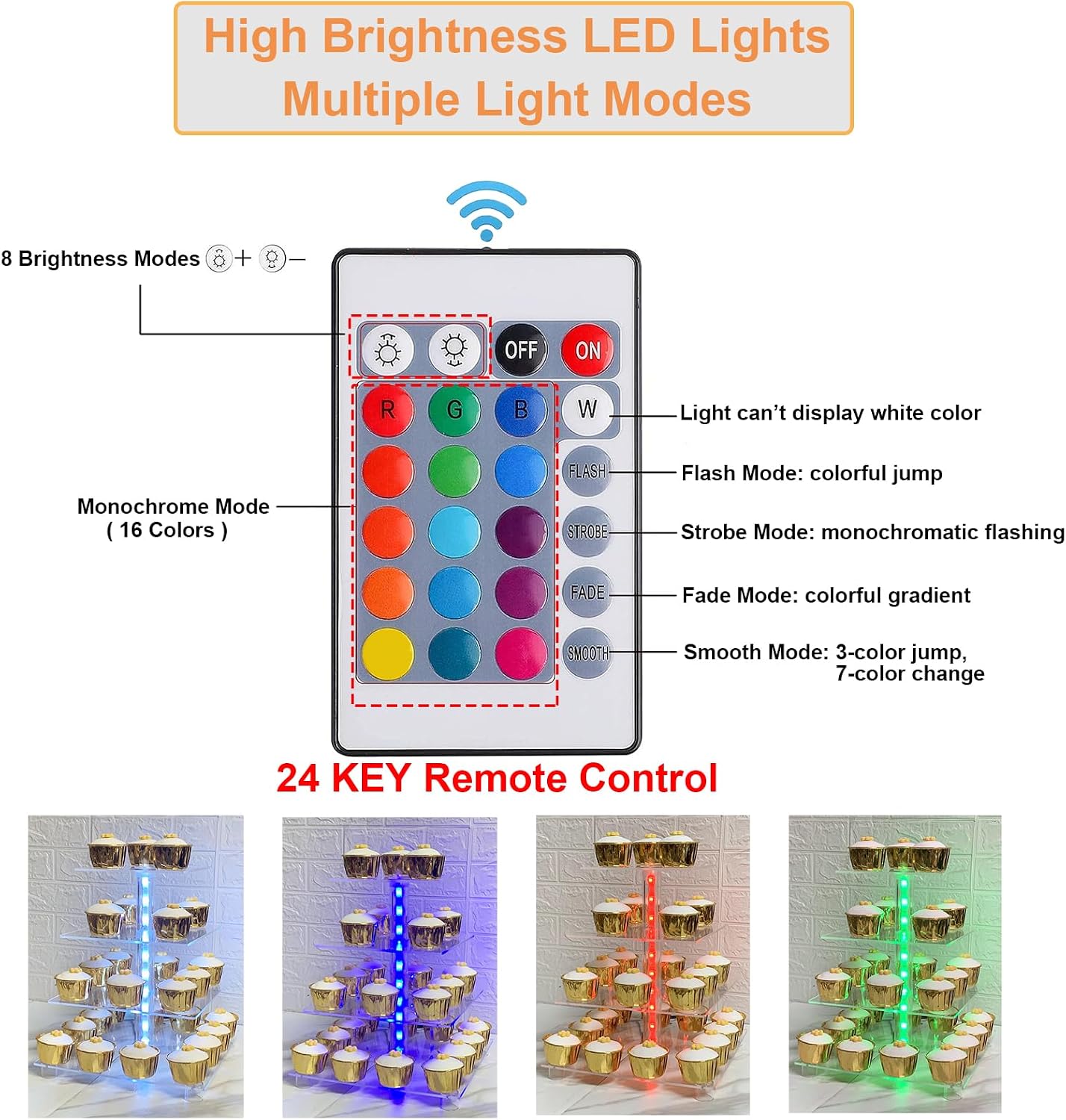 Cupcake Stand Acrylic 4 Tier Tower Display Cupcake Cake Stand with Remote LED Light,Multiple Color Changing
