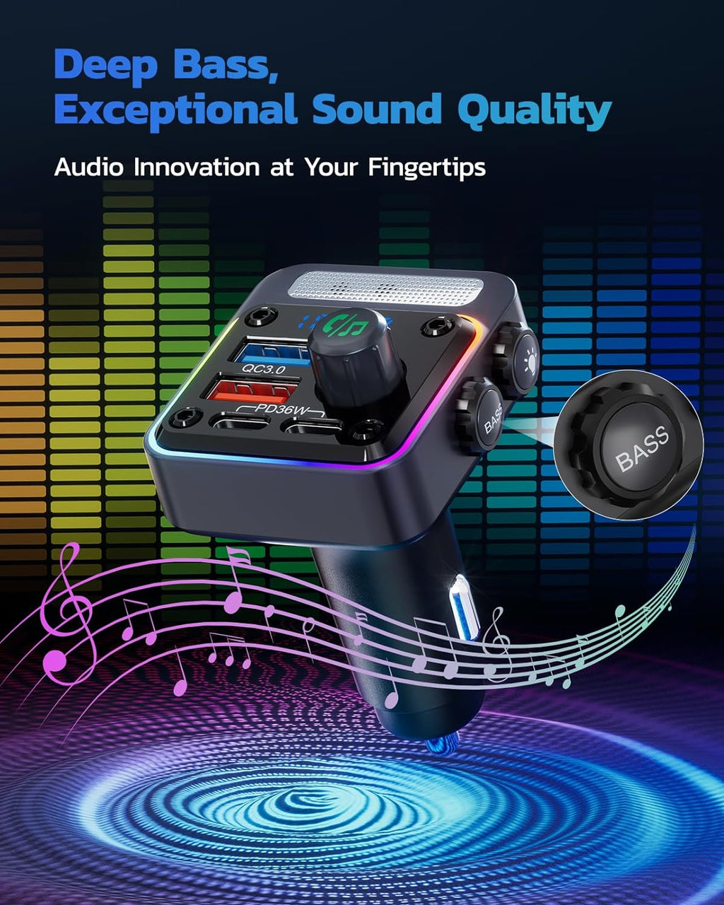 54W Bluetooth 5.3 Car Adapter, FM Transmitter 4-Port Fast Charging | Wireless FM Radio Music Player with Deep Bass, 5