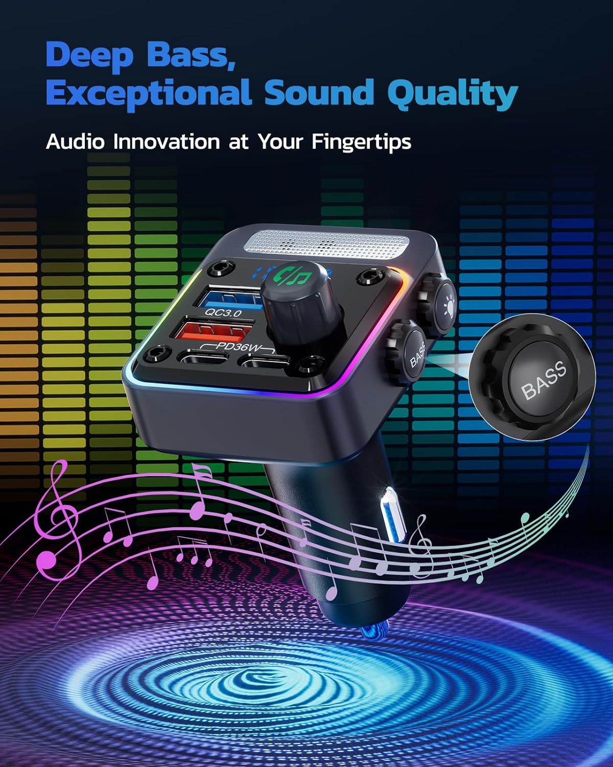 54W Bluetooth 5.3 Car Adapter, FM Transmitter 4-Port Fast Charging | Wireless FM Radio Music Player with Deep Bass, 5