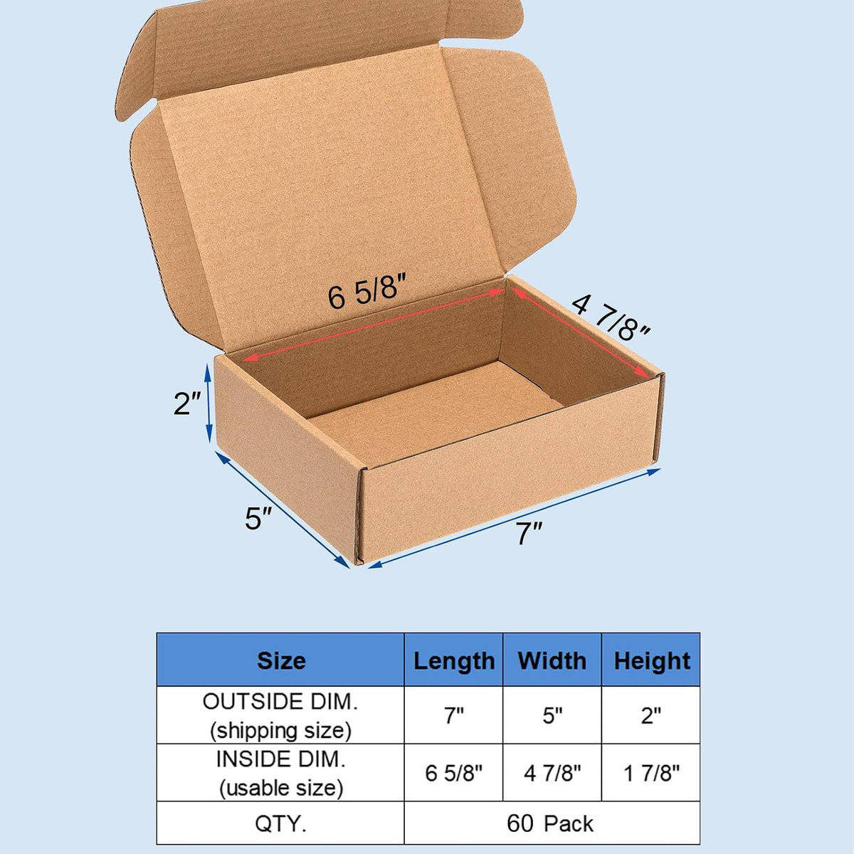 Shipping Boxes 7x5x2" 60 Pack Brown Corrugated Cardboard Box Mailer