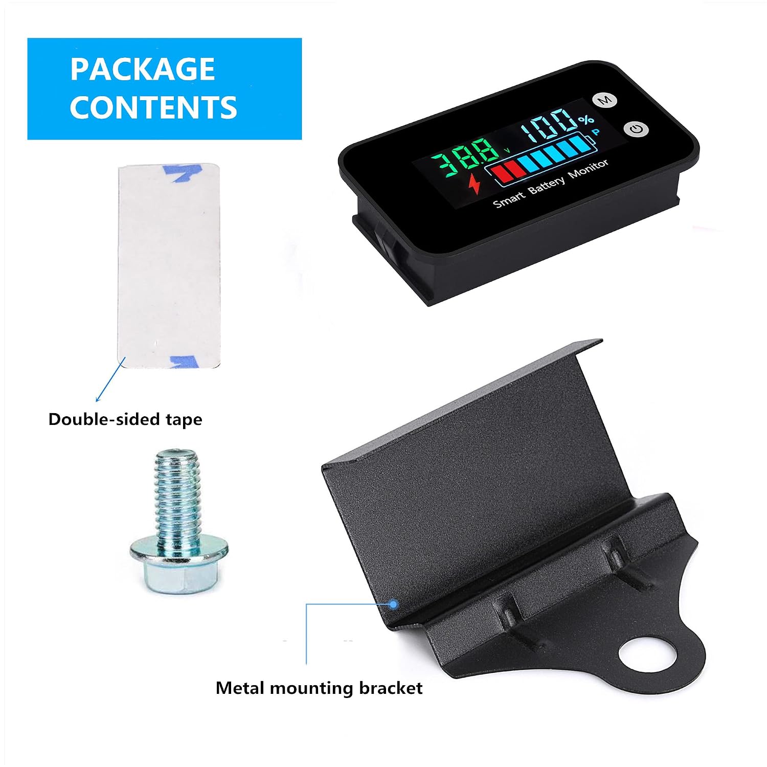 IPX7 Waterproof Battery Monitor 7-100V Tester with Bracket, Temp & Alarm | 12v 24v 36v 48v 60v 72v Digital Display