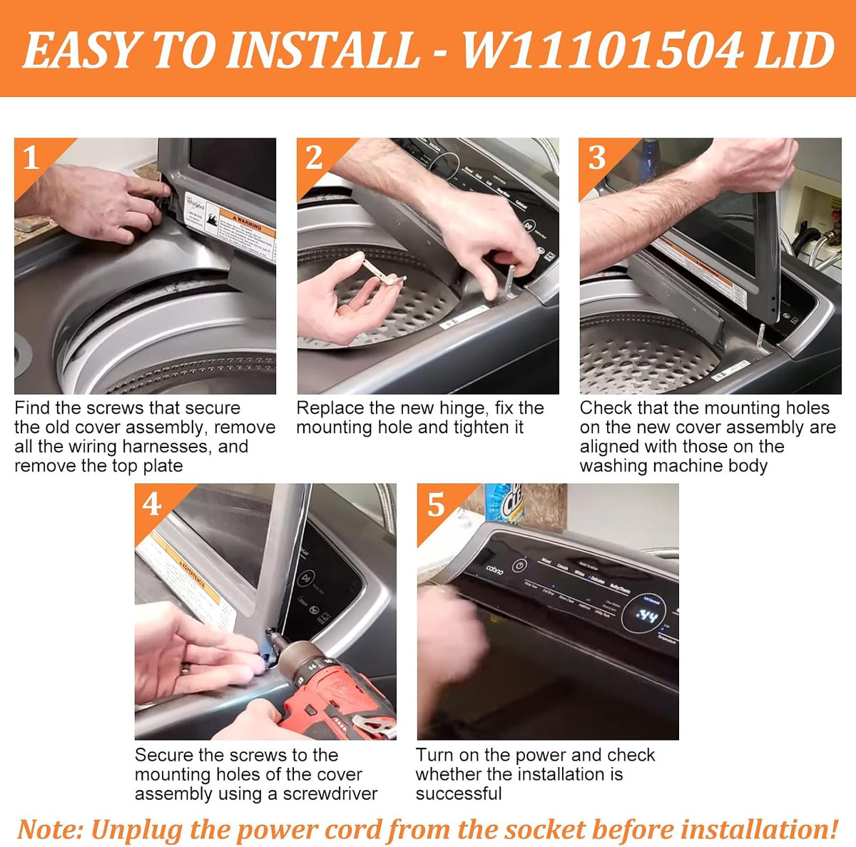 UPGRADED W11101504 W11256781 Washer Lid Assembly Compatible With Maytag Washer Lid Replacement Parts For Whirlpool MVWB765FC3 Lid With WP8572974 Right Lid Hinge & WP8563965 Left Lid Hinge & 4 Screws