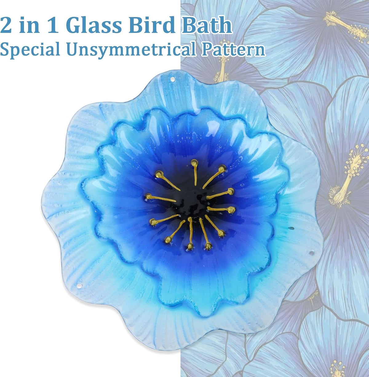 2 in 1 Floral Glass Bird Bath & Feeder - Hanging or Freestanding Outdoor Bird Bath with Sturdy 5-Pronged Base for