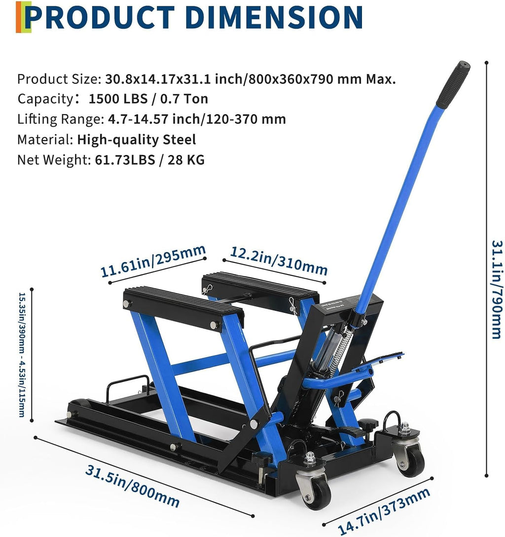 Motorcycle Jack, 1500 Lbs Hydraulic Motorcycle Lift Jack, Adjustable Height 4.53" To15.35, Heavy-Duty Steel ATV Lift