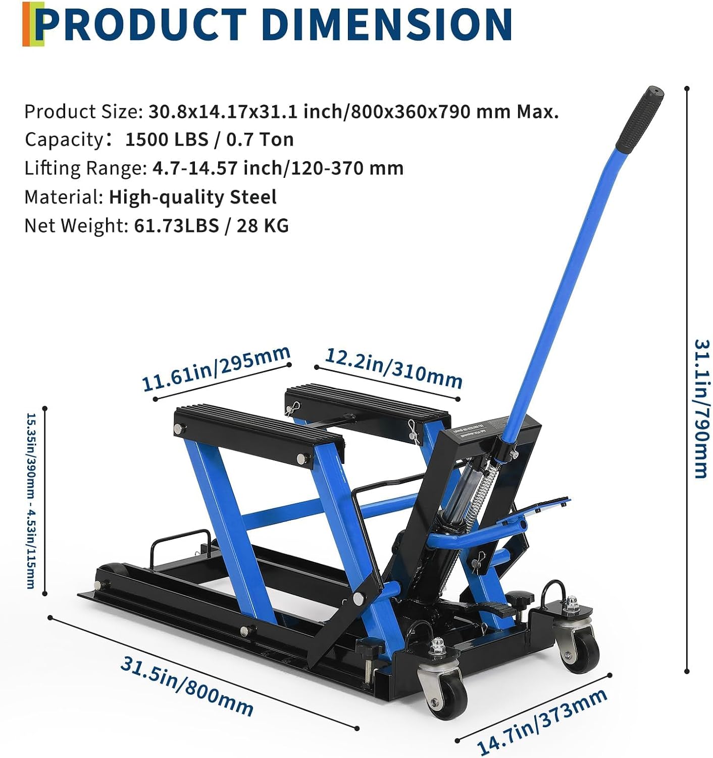 Motorcycle Jack, 1500 Lbs Hydraulic Motorcycle Lift Jack, Adjustable Height 4.53" To15.35, Heavy-Duty Steel ATV Lift