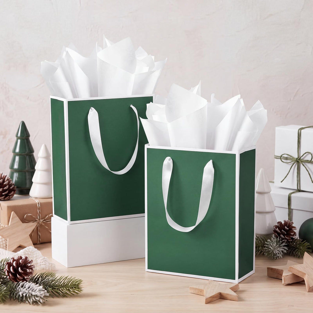 10 Pack Paper Gift Bags with Handle Tissue Paper, Green White