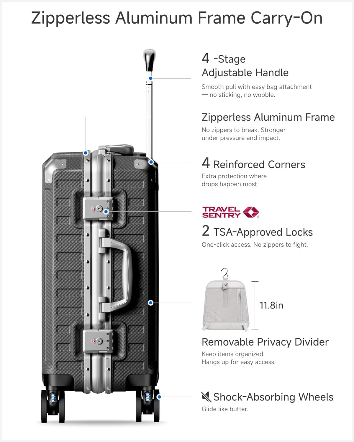 Carry On Luggage with Spinner Wheels, 8010S Aluminum Frame Zipperless Polycarbonate Hard Shell Suitcase (ZX-Core