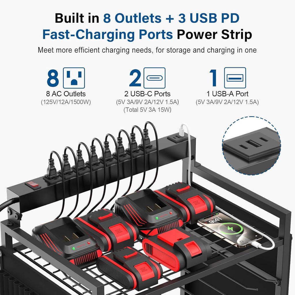 Garage Large Power Tool Organizer Cart with 8 Outlet 3 USB Charging Station, Floor Rolling Drill and Tools Battery